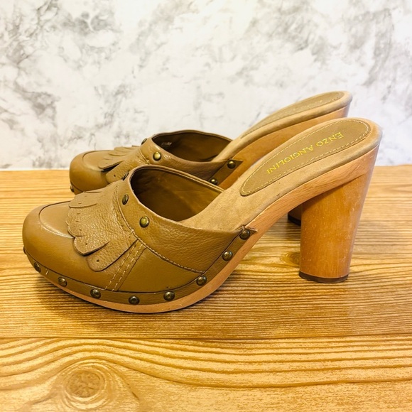 Enzo Angolini Brown Tan Leather Wood Heel Clogs Heels Pumps Size 9.5 - Picture 3 of 7